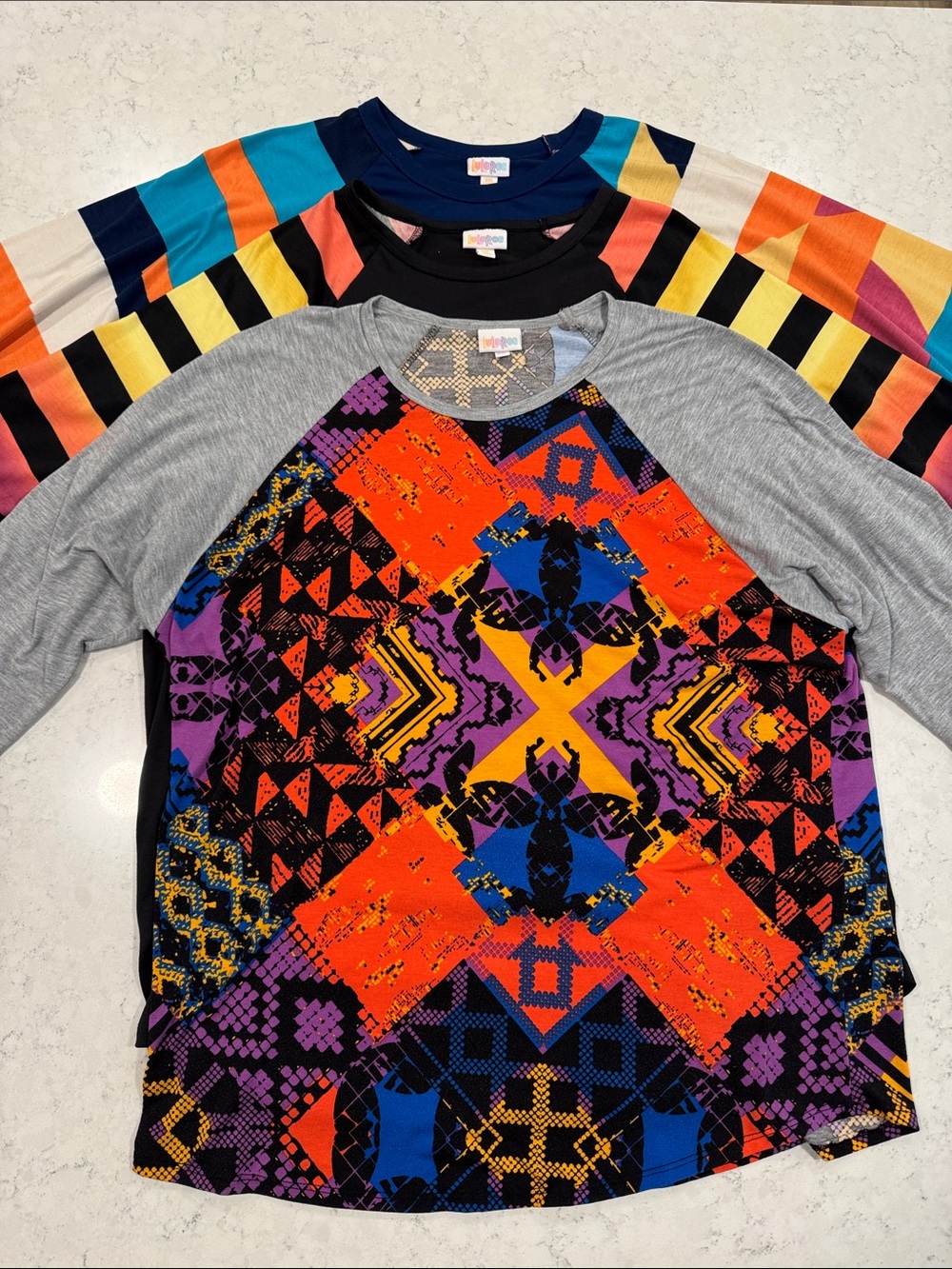 Lot of 3 LuLaRoe Randy Women's 3XL Multicolor Geometric Raglan Tee 3/4 Baseball